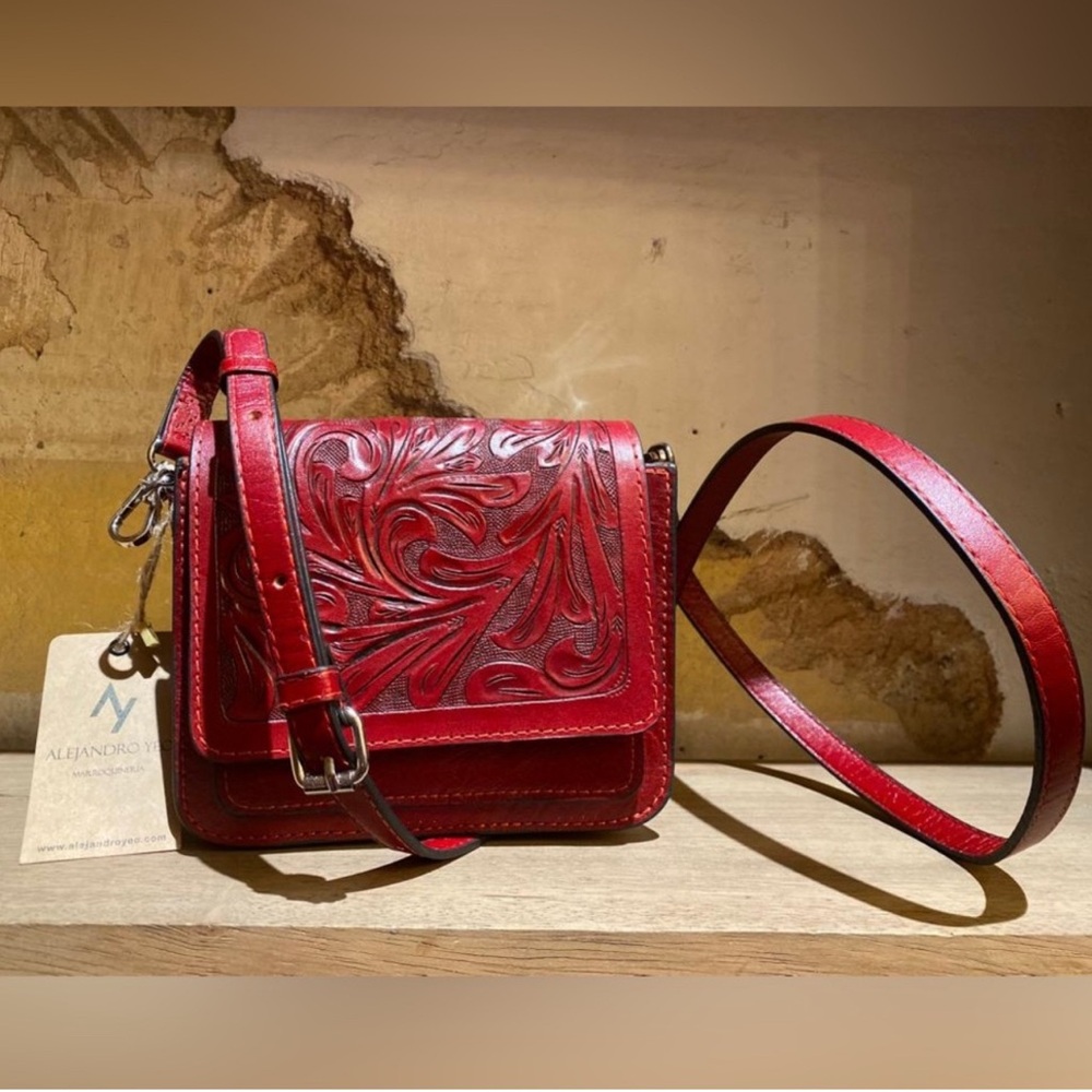 Hand tooled leather crossbody bag